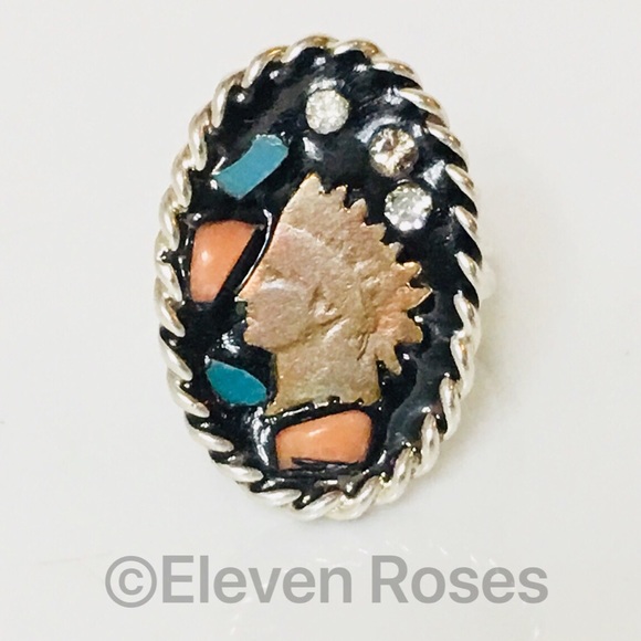 Sterling Silver Turquoise Diamond Indian Head Ring - Picture 8 of 8